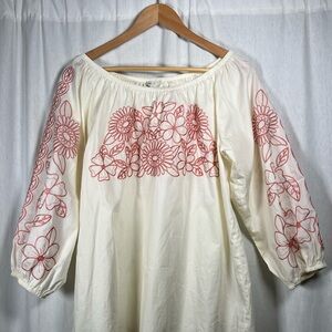 Cato Cream and Red Floral Embroidered Blouse